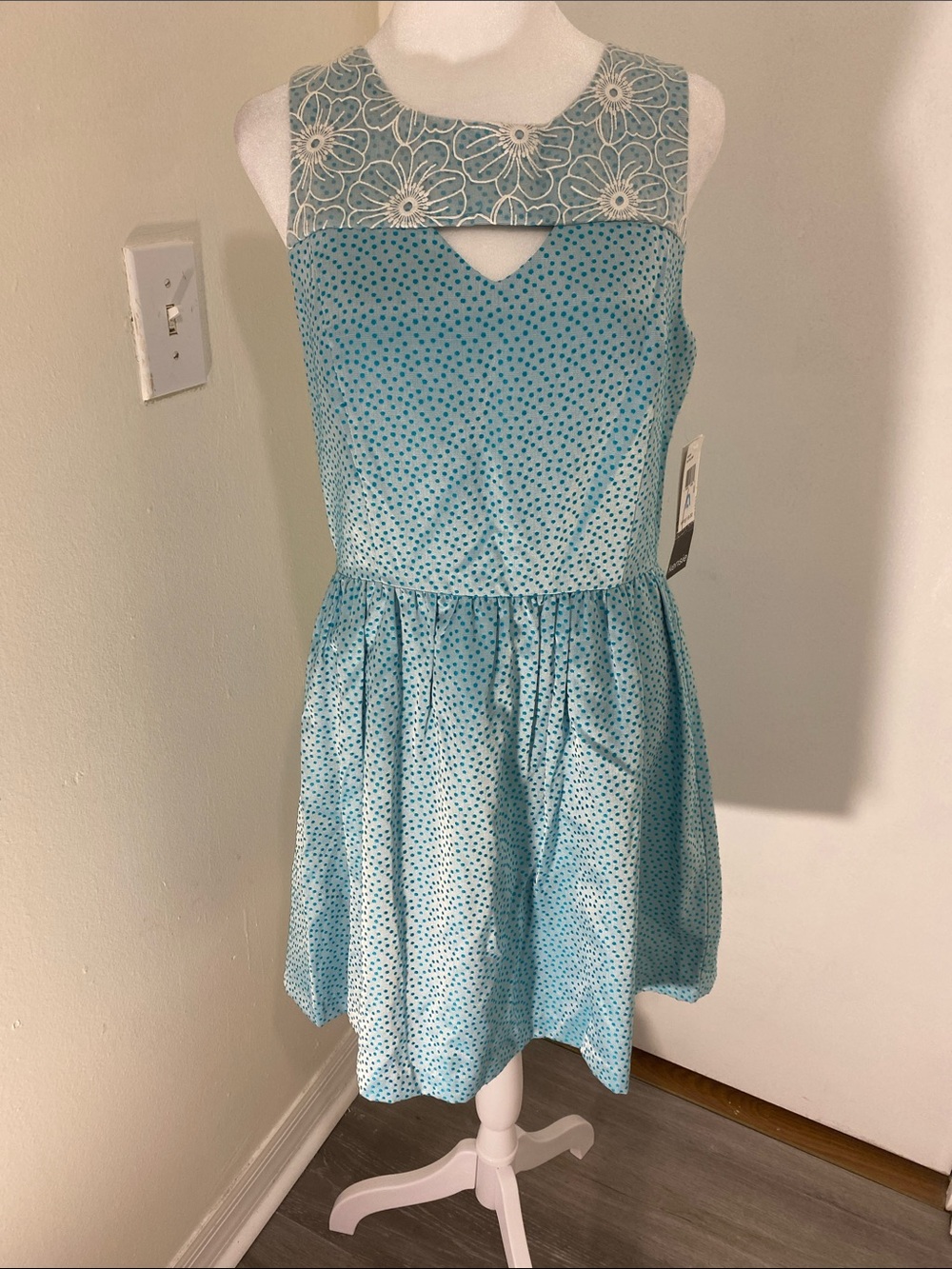 Kensie Light Blue Polka Dot Dress with Lace Yoke